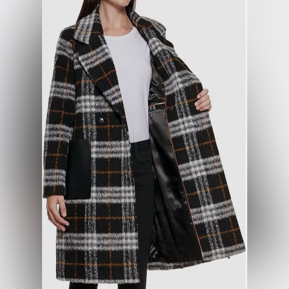 Calvin Klein Walker Double Breasted Plaid Coat. Size large Like new. Condition